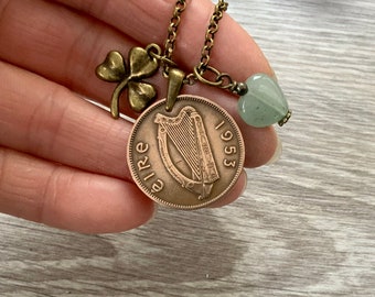 Irish long 1953 half penny coin necklace, green aventurine heart, shamrock, vintage coin from Ireland, 71st  birthday gift