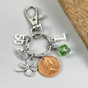50th Birthday Gift: 1975 British Penny Keyring with Charms