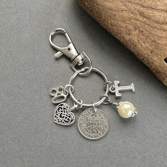 80th birthday gift, 1944 silver sixpence birthstone charm, keyring or bag clip, choose initial and birthstone colour