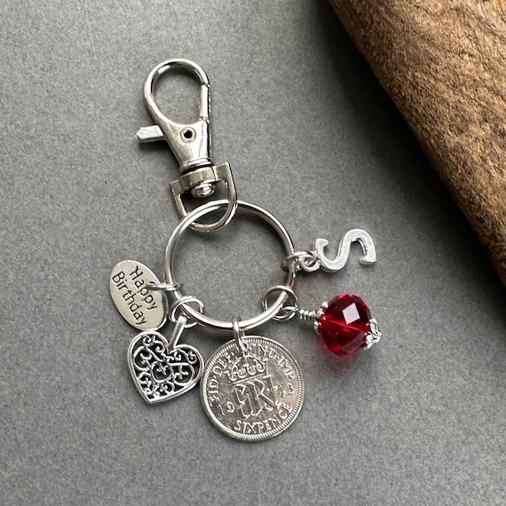 1943 silver sixpence birthstone charm, a perfect 81st birthday gift, clip style Key ring choose initial and birthstone colour