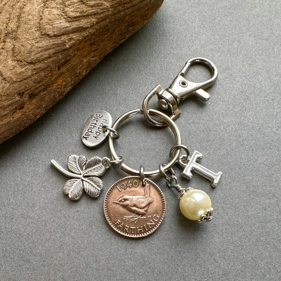 1940 wren farthing birthstone charm, bag clip, personalised 84th birthday gift, choose initial and birthstone colour