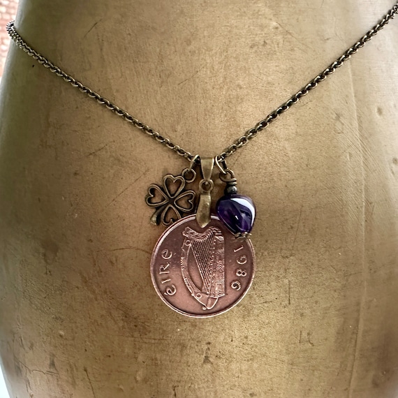 1986 Irish coin and amethyst heart necklace, handmade using a genuine Irish two pence coin from the year 1986