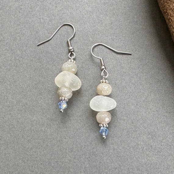 Natural sea glass earrings, handmade with stormy labradorite, sparkly blue crystals, Natural found Cornish beach glass jewellery