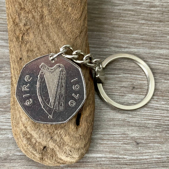 1970 Irish 50 pence coin keychain or clip, 54th birthday gift, Ireland, Eire anniversary, Celtic present for a man or woman