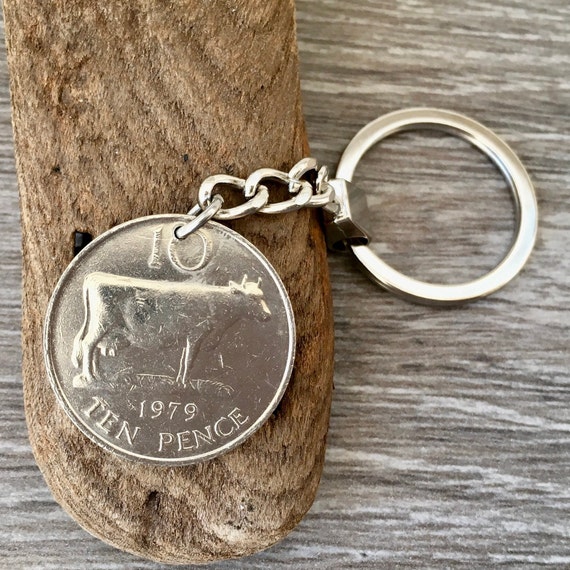 1979 Channel Island coin  Key ring, Guernsey 10p coin key chain, birthday or anniversary, Guernsey cow coin present