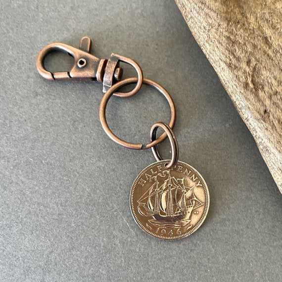 1946 British half penny coin key ring bag clip a perfect 78th birthday gift, handmade using a genuine halfpenny coin from the U.K.