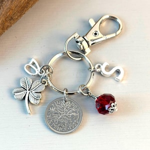 70th birthday 1956 sixpence charm, bag clip, personalised gift, choose initial & birthstone colour, for a 70th birthday in 2026 image 2