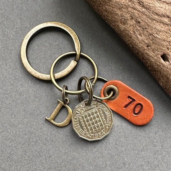 1954 British brass threepence keyring or clip with a handmade leather 70 tag, 70th birthday in 2024