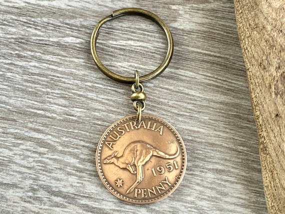 1951 Australian penny keychain, kangaroo Key ring or clip, 73rd birthday gift, Australia retirement, Aussie present