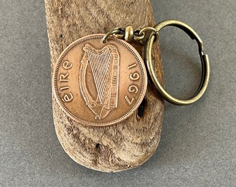 1967 Irish penny keyring, Keychain, a great gift idea for a 56th birthday or anniversary for someone with Irish roots