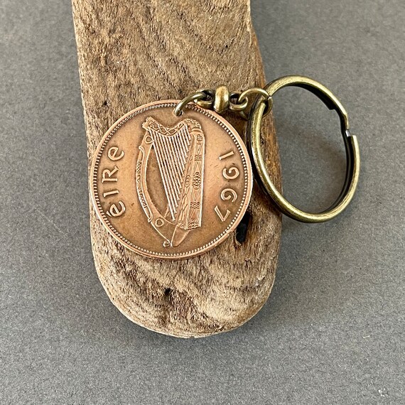 1967 Irish penny keyring, Keychain, a great gift idea for a 57th birthday or anniversary for someone with Irish roots