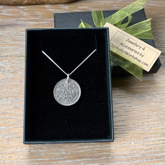 1961 silver Sixpence necklace on a sterling silver curb chain,