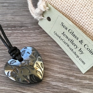 Carved Hematite heart necklace on a black Korean waxed cord, simple boho hematite jewellery, a lovely gift for wife or girlfriend