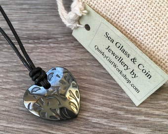 Carved Hematite heart necklace on a black Korean waxed cord, simple boho hematite jewellery, a lovely gift for wife or girlfriend