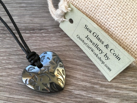 Carved Hematite heart necklace on a black Korean waxed cord, simple boho hematite jewellery, a lovely gift for wife or girlfriend