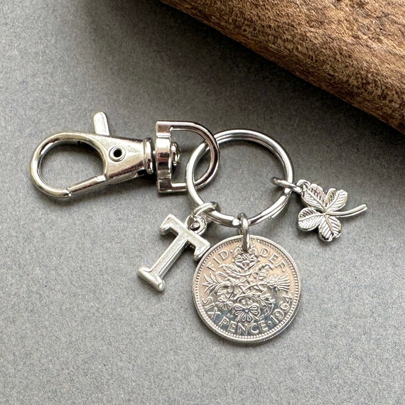 1964 lucky sixpence shamrock charm clip style Keyring, choose initial, personalised gift, 60 in 2024