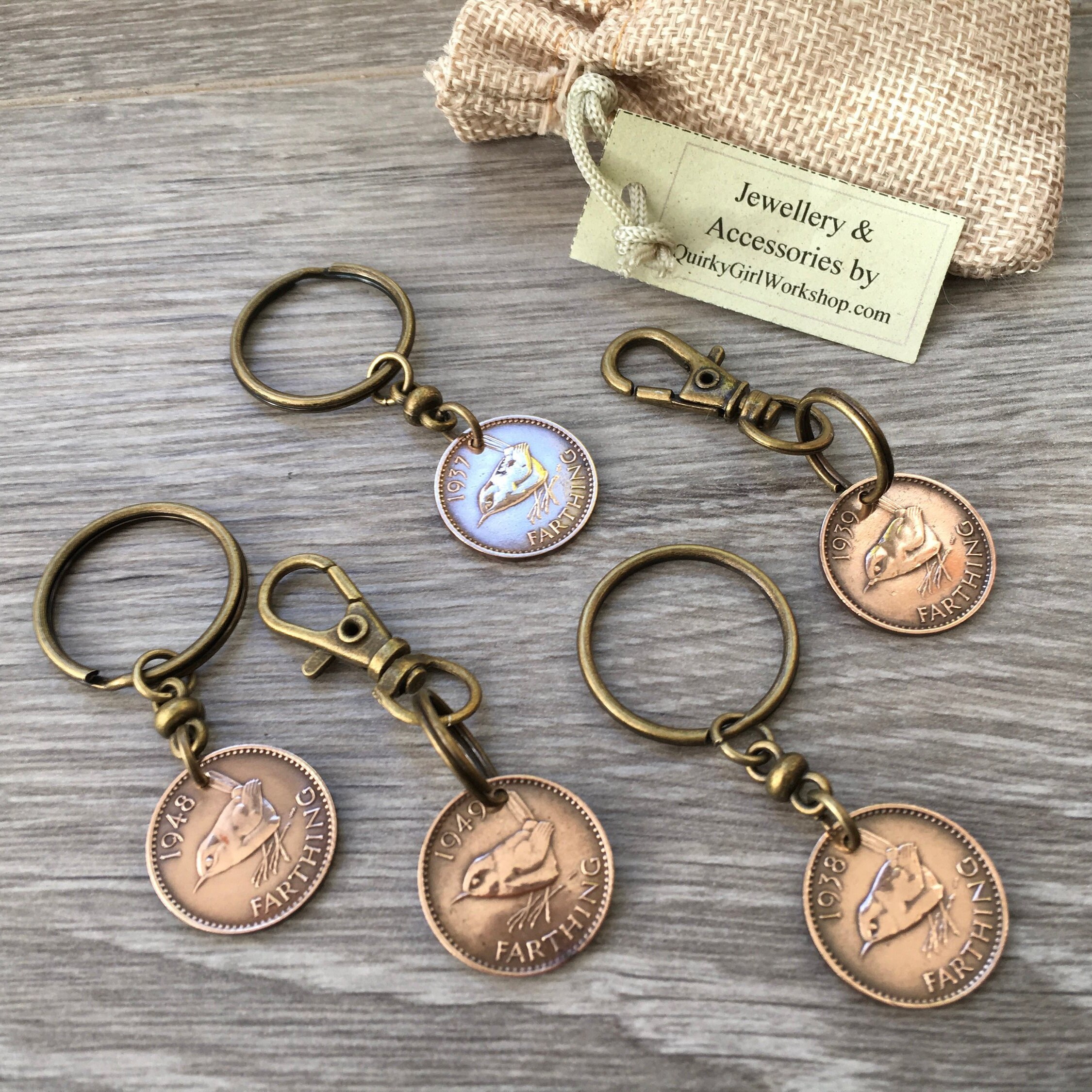Farthing keyring, Keychain or clip, choose between 1947, 1948, 1949