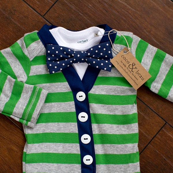 Baby Boy Gray/Green and Navy Striped Cardigan Bodysuit Polka Dot Bow Tie Set 0-24 Months