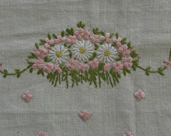 Vintage 1900s Pink Wreaths and Daisies Antimacassar Embroidered Panel
