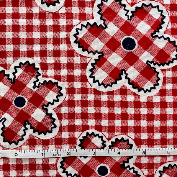 Vintage 70s Little Red Gingham Floral Picnic Play Fabric by the Yard