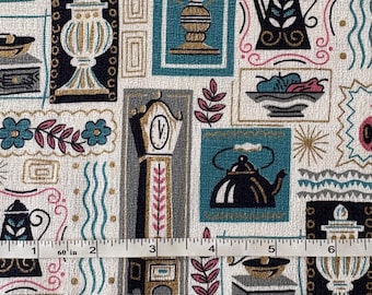 Vintage 50s-60s Pink, Black, Teal & Gold Gilding Kitchen Appliances Cotton Barkcloth 36" Fabric by the Yard