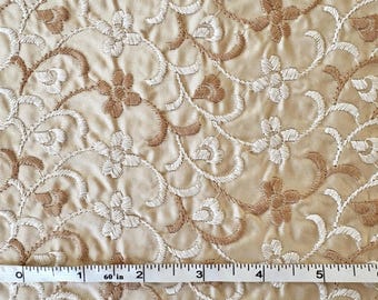 Vintage 60s Embroidered Flowers on Tan 35.5" Wide Polished Cotton Specialty Remnant - 42"