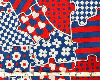 Vintage 70s Red, White & Blue Puzzle Patchwork Cotton 45" Wide Fabric by the Piece 1 Yd +8"