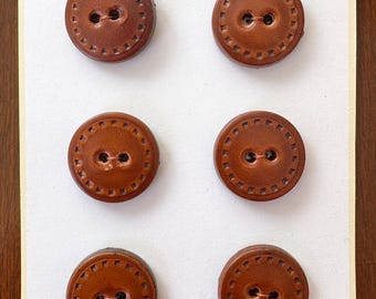 6 Vintage Unused 7/8" Stitched Edge Tooled Leather Buttons