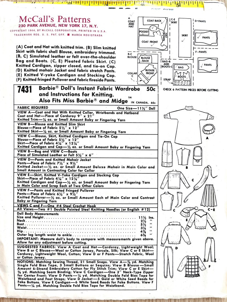 Vintage 1964 Sewing Pattern Mccall's Barbie Doll Wardrobe Knitting Etsy