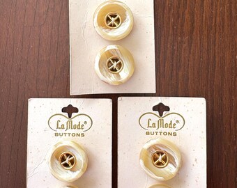 6 Vintage Italian LaMode Creamy Gold 7/8" Marbleized Plastic With Gold Accent Buttons - 3 Cards