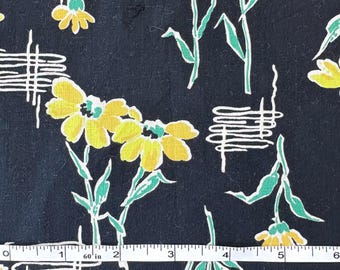 Vintage 40s Yellow Flowers on Black 35" Cotton Fabric by the Yard