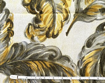 Vintage 40s Shades of Green and Gold Ostrich Plumes Barkcloth on Heavy Pebble Texture 48" Fabric by the Yard