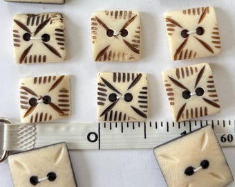10 Vintage Square, Carved, Hand Made Bone Buttons in 2 Sizes