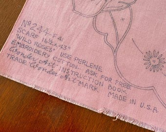 Vintage 1941 Wild Roses Wonder Art Pink Dresser Scarf Stamped Embroidery Panel