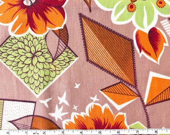 Vintage 50s Orange and Cocoa Geometric Floral Cotton Decorator 34" Wide Fabric by the Piece - 1 Yd +27"