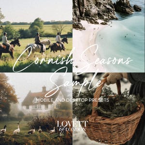 May include: A four-part image with a vintage feel. Top left: riders on horses. Top right: a beach scene. Bottom left: a house and geese. Bottom right: a basket of greenery. Text overlays read "Cornish Seasons Sample" and "Mobile and Desktop Presets".