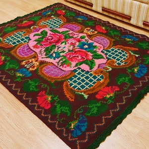 Vintage handwoven wool rug carpet. Moldova carpet- Floral kilim - Romania Kilim Bessarabian Kilim. Vintage Kilim, rose kilim rug