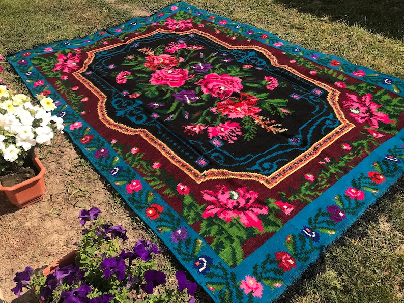 Vintage handwoven wool rug carpet. Moldova carpet Floral Etsy