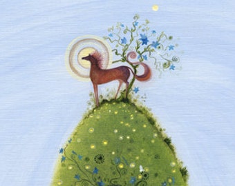 Chestnut Horse Giclée Print, Blue Tulips, Symbolic Art