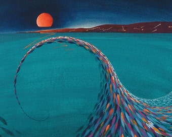 Red Moon Over Fish Sea Giclee Print, Coastal Art (120x120mm)