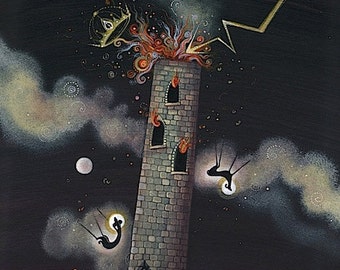 The Tower Tarot Card Art Print, Mermaid Rescue (A4 Mounted)
