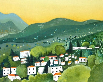 Higgledy-piggledy houses. Inspired by our first year in Cyprus, a view up the mountainside to the sprawling village.