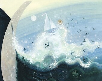 White Stag Yacht Giclee Print, Dam Bursting flying fish Wave Art, Limited Edition