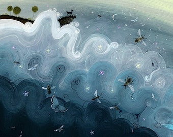 Goat, Butterflies and Bees Giclee Print, Twilight Seascape