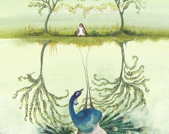 Peacock Reflection Giclée Print, Illustrated Poem, Woman's Divinity