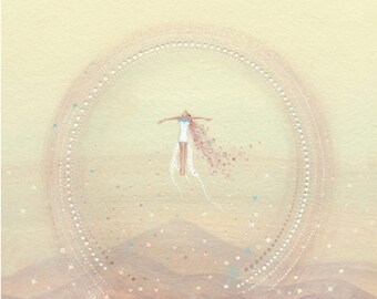 Fly to the light. A figure surrounded by light rises above the forest.