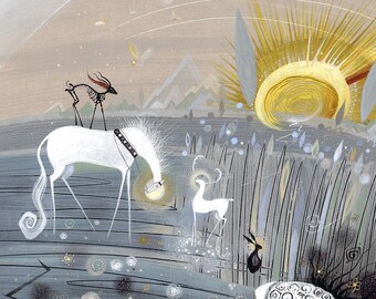 Skeleton Goat on White Horse Print: New Beginning Sunrise Art (A4 Mounted)