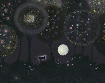 Magic at the heart of the citrus grove. A black cat wanders the grove under a magical full moon.