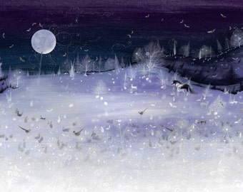 Moonlit Winter Landscape Art Print, Limited Edition Giclee