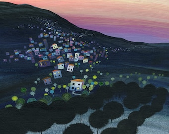 Dolly Mixture Houses Giclee Print, Pastel Hillside Houses Art